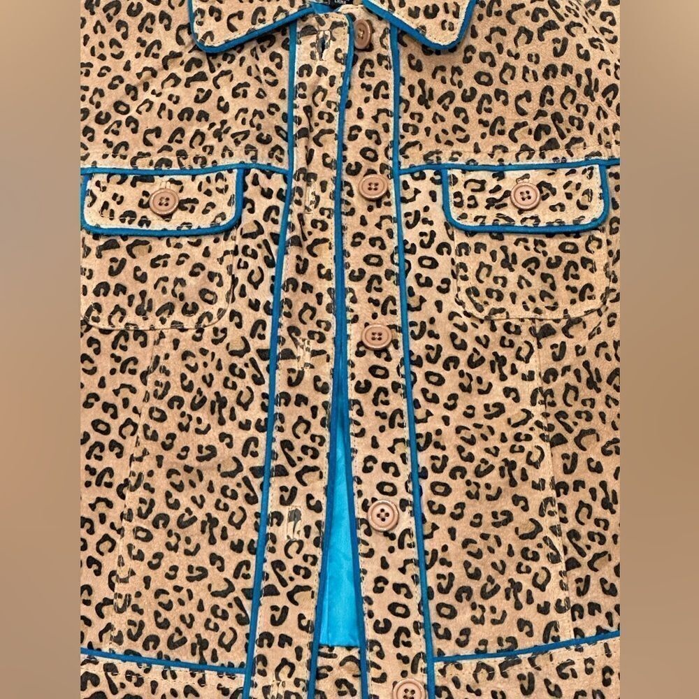Revue Leather Brown Animal Print with Turquoise Trim Jacket - Picture 4 of 10